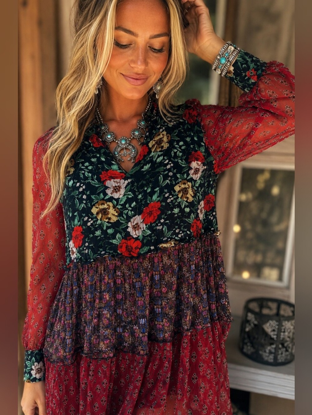 Sundance Floral Mixed Print Boho Tiered Mini Dress Western Prairie